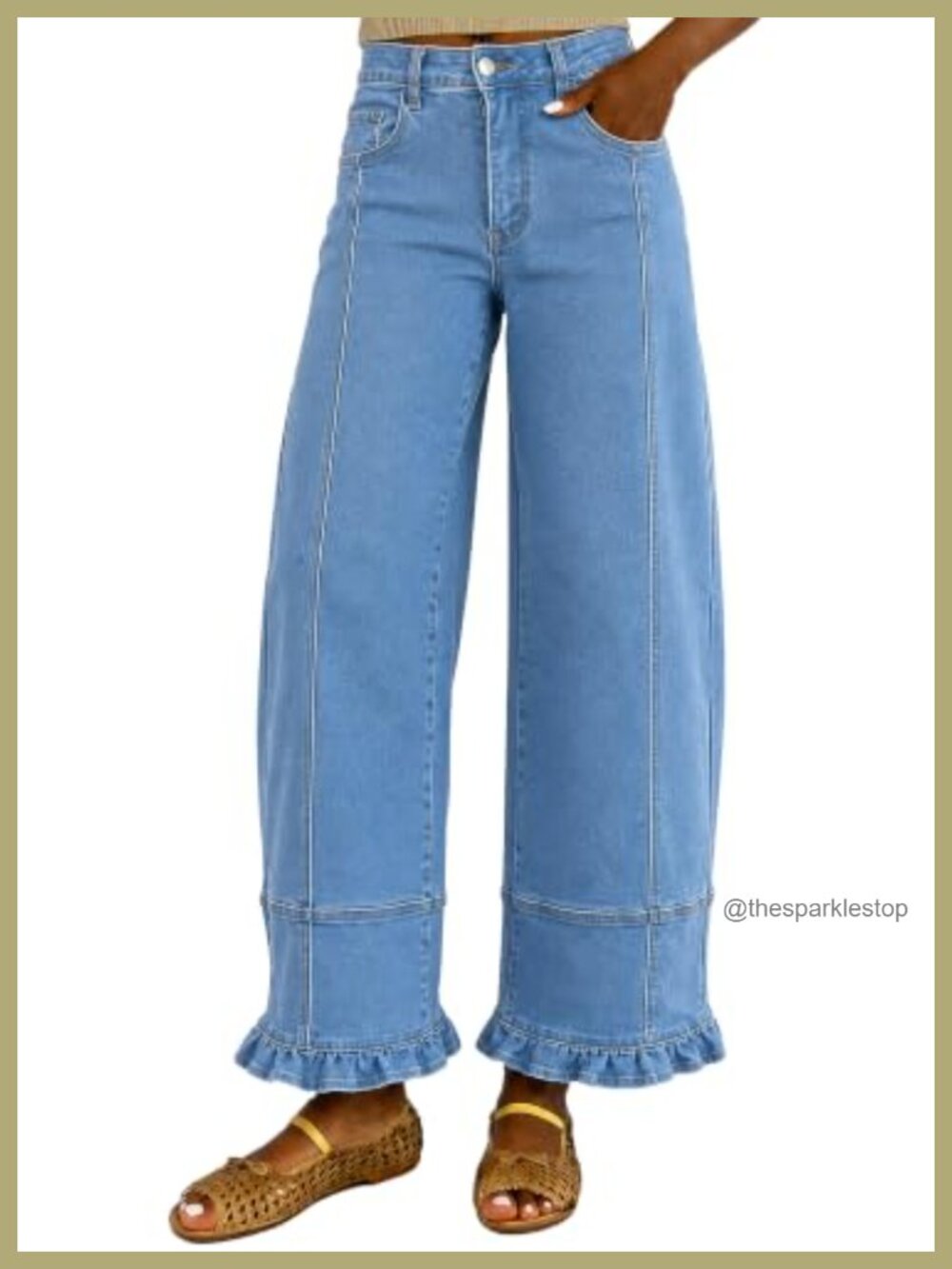 High Waisted Stretch Barrel Jeans Ruffle Hem Cropped Denim